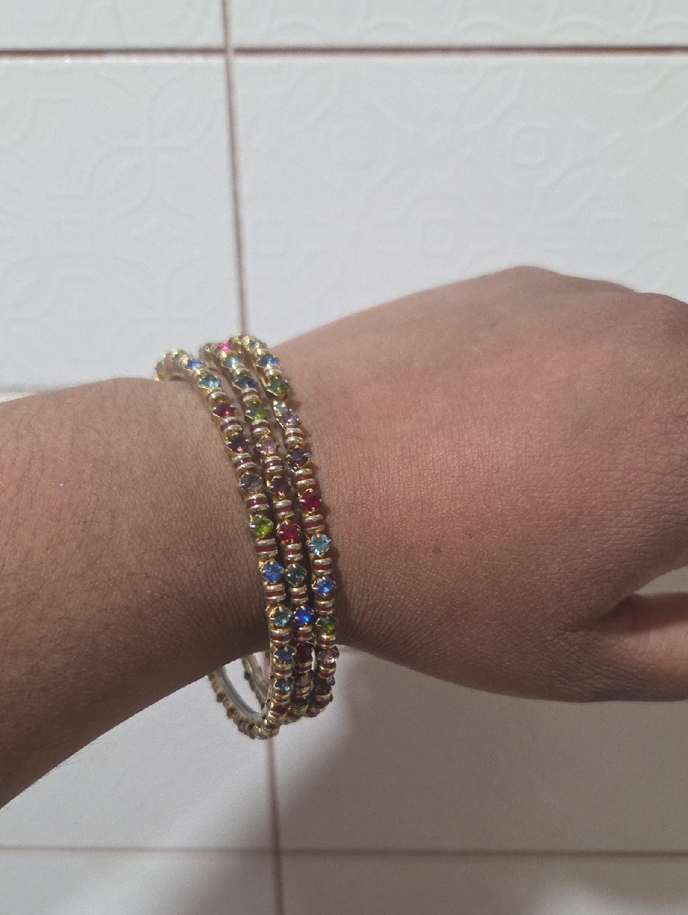 Gold Tone Multicolor Stone Bangle Bracelet - Women Jewelry